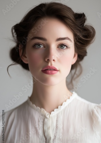 Close-up portrait of a young woman's face. she has dark hair styled in loose curls that are styled in a messy updo. her eyes are looking directly at the camera with a serious expression.