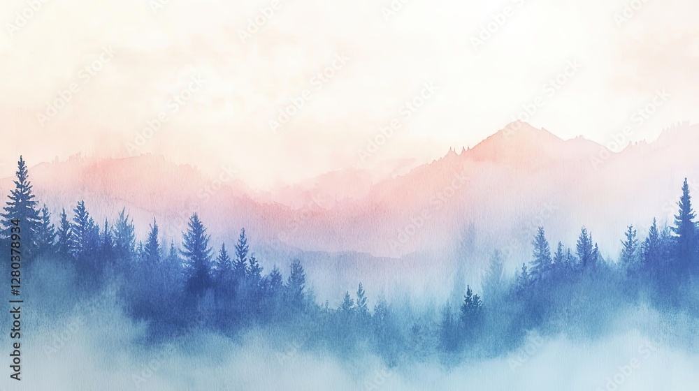 Fototapeta premium A serene landscape featuring misty mountains and dense evergreen trees, showcasing soft pastel colors in the sky.