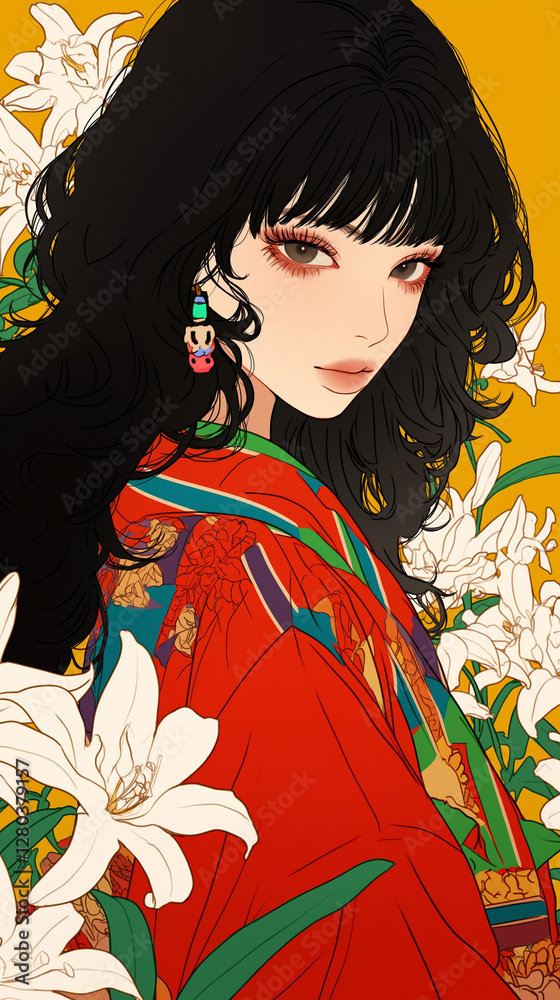 Fototapeta premium 夏の彩り|浴衣姿の少女と咲き誇る花。スマートフォン9:16のアスペクト比