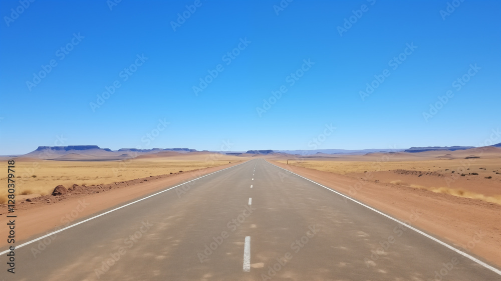 Straight desert road flanked by mountains, clear blue sky, smooth asphalt, and dry grass, with a sense of freedom and journey. Straight desert road flanked by mountains, clear blue sky, smooth asphalt, and dry grass, with a sense of freedom and journey.