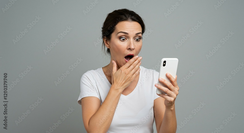 Surprised Young Woman Holding Smartphone with a Shocked Expression on Her Face. Surprised Young Woman Holding Smartphone with a Shocked Expression on Her Face.
