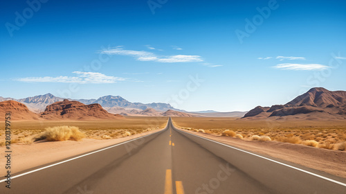 Straight desert road flanked by mountains, clear blue sky, smooth asphalt, and dry grass, with a sense of freedom and journey.