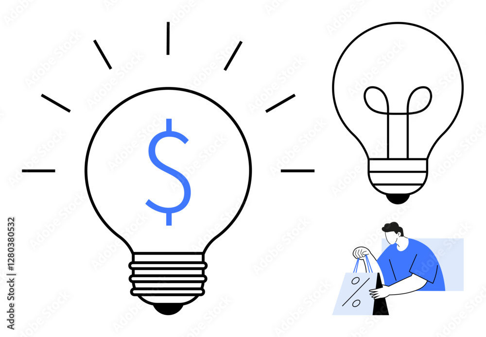 Large light bulb with dollar sign centerpiece, smaller light bulb, person holding shopping bags. Ideal for finance, innovation, e-commerce, consumer behavior, marketing strategies, startups Large light bulb with dollar sign centerpiece, smaller light bulb, person holding shopping bags. Ideal for finance, innovation, e-commerce, consumer behavior, marketing strategies, startups