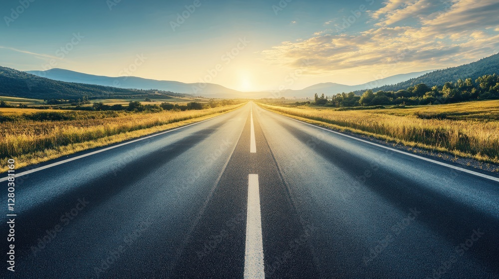 Naklejka premium Journey ahead open road landscape at sunrise nature photography tranquil environment scenic view