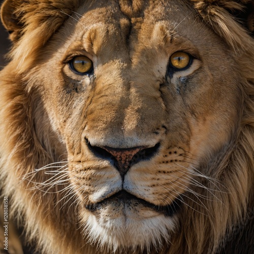 A zoomed-in shot of a lion’s deep golden eyes reflecting the light, with a soft-focus background.