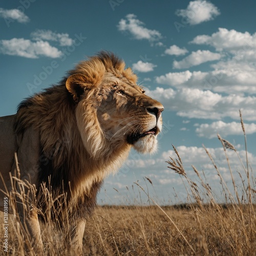 A lion sniffing the air, looking majestic under a vast, cloudless sky.