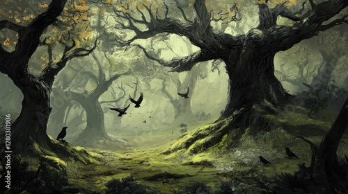 Enigmatic woodland scene, shrouded in mist, populated by ebony birds photo