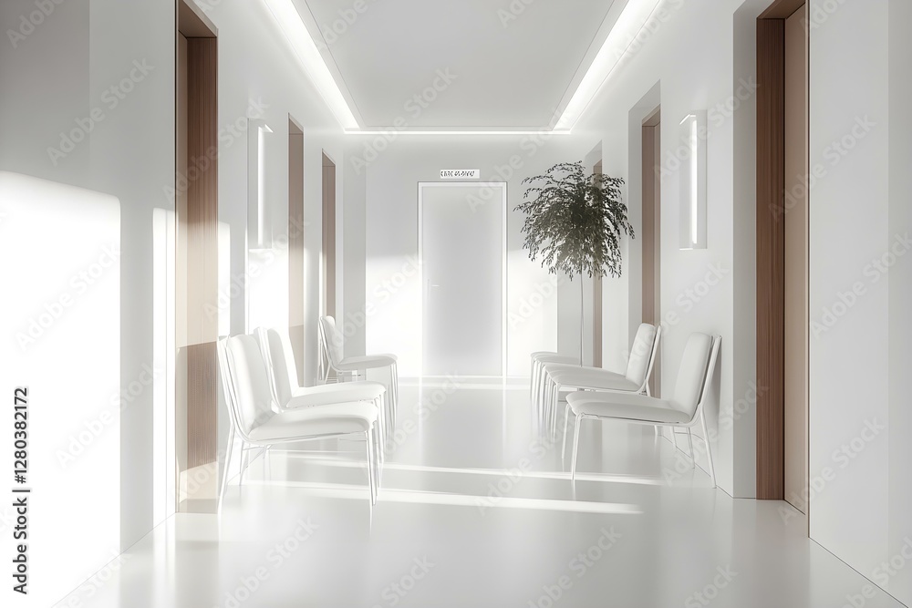 Fototapeta premium White Hospital Corridor with Doors and White Chairs for Healthcare Environment