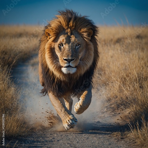A lion sprinting with intensity, its mane flowing, with a gradient blue background.