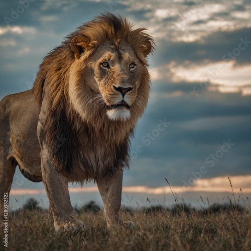 A lion standing on its hind legs, showcasing its raw power, against a blurred sky.