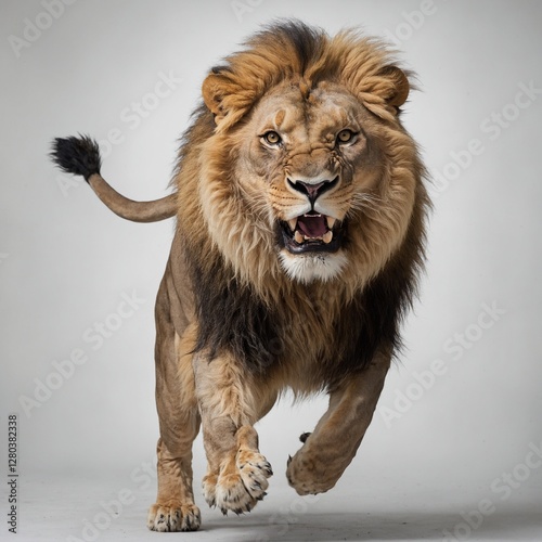 A lion leaping forward with claws extended, with a pure white background.