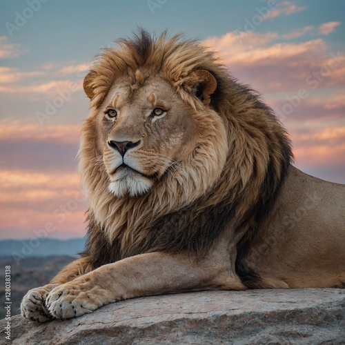 A strong, well-built lion resting gracefully on a rock with a clear pastel sky behind.
