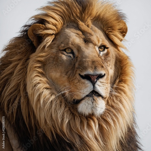 A powerful lion with a thick golden mane sitting calmly against a seamless white background.