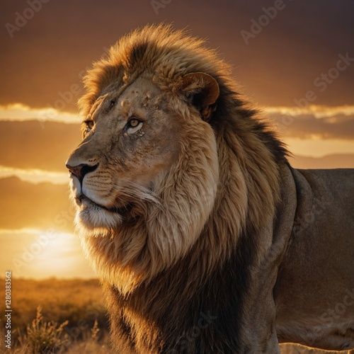 A majestic lion with a powerful build standing proudly against a golden sunrise.