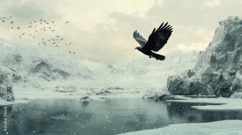 Obraz premium Black Crow Flying Over Snowy Mountains And Frozen Lake