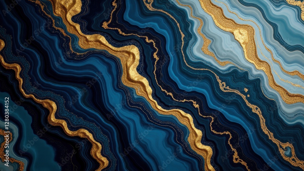 Fototapeta premium Abstract image with flowing blue and gold patterns resembling marble or agate.