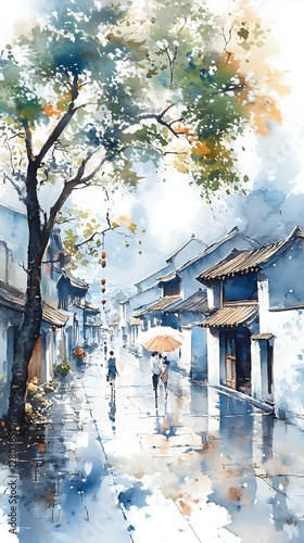 Watercolor Rainy Alley, People Walking, Asian Town