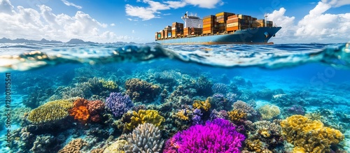 Cargo ship above vibrant coral reef.
