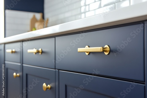 A stylish and functional modern kitchen transformation with deep blue cabinetry, white subway tile backsplash, and sleek brass fixtures