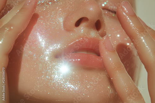 Close-up of woman's face with glowing skin, glitter on woman's face