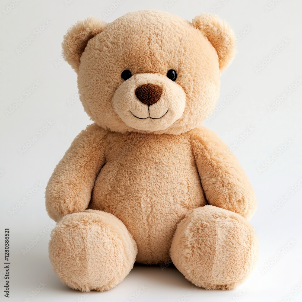 Fototapeta premium Plush teddy bear sitting on a white background, offering a comforting and nostalgic presence
