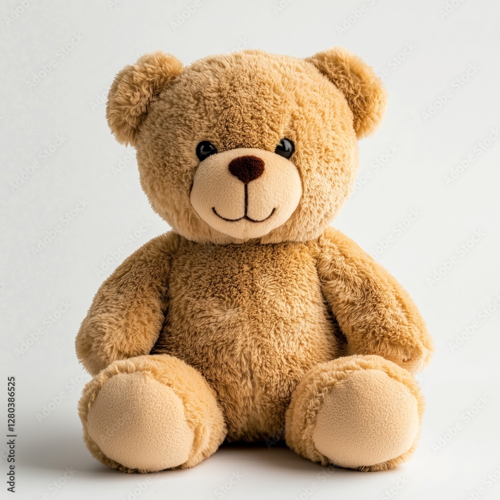 Brown plush teddy bear sitting on a white background, offering a comforting and nostalgic presence Brown plush teddy bear sitting on a white background, offering a comforting and nostalgic presence