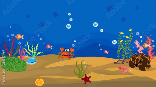 Illustration of underwater landscape, fish, marine animals, coral reef, underwater sea ocean illustration. cartoon underwater background.multi-colored sea bottom with corals, algae, and polyps

