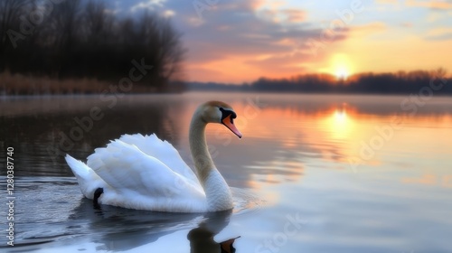 A serene swan glides gracefully across a reflective lake at sunset, surrounded by nature's beauty and soft, warm light.