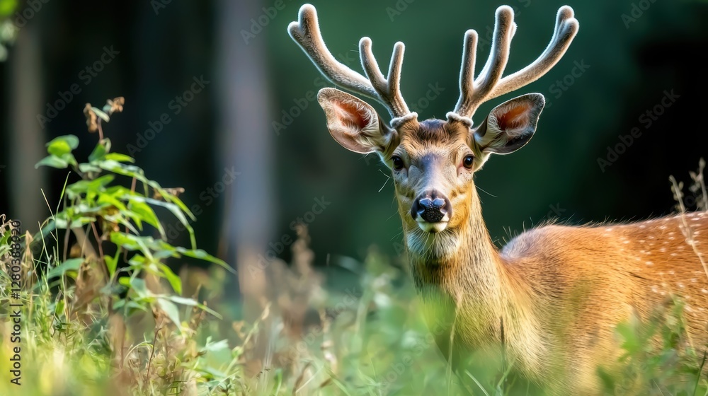 A graceful deer with antlers stands amidst green foliage, capturing the beauty of nature in a serene woodland setting. A graceful deer with antlers stands amidst green foliage, capturing the beauty of nature in a serene woodland setting.