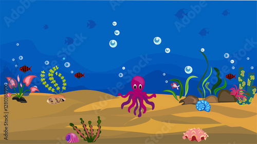 Illustration of underwater landscape, fish, marine animals, coral reef, underwater sea ocean illustration. cartoon underwater background.multi-colored sea bottom with corals, algae, and polyps
