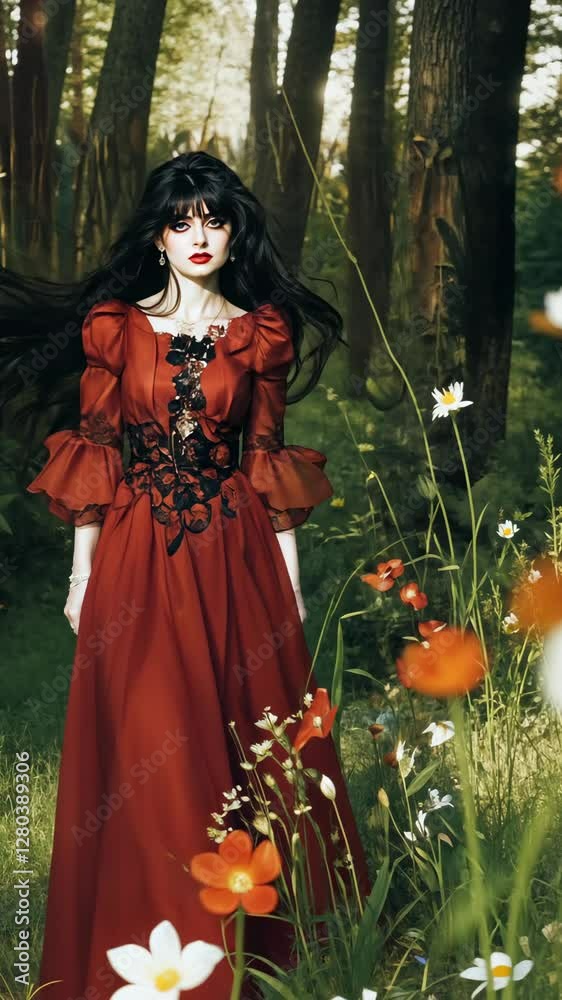 Enchanting woman in a red dress stands amidst wildflowers in a lush forest setting during golden hour Enchanting woman in a red dress stands amidst wildflowers in a lush forest setting during golden hour
