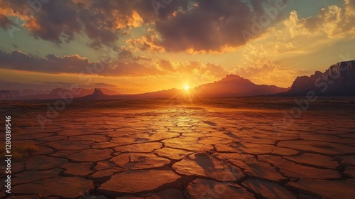 Parched Earth Under a Fiery Sky, A Landscape of Drought and Resilience photo
