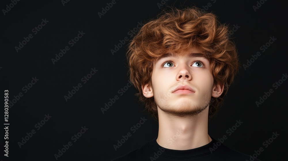 young man with voluminous curly hair looks upward, expressing a thoughtful mood. dark background enhances his serene expression, focusing attention on his features and emotions young man with voluminous curly hair looks upward, expressing a thoughtful mood. dark background enhances his serene expression, focusing attention on his features and emotions