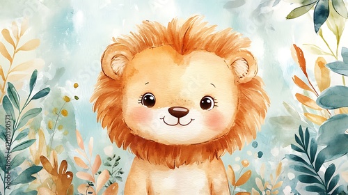 Cute lion cub in watercolor forest