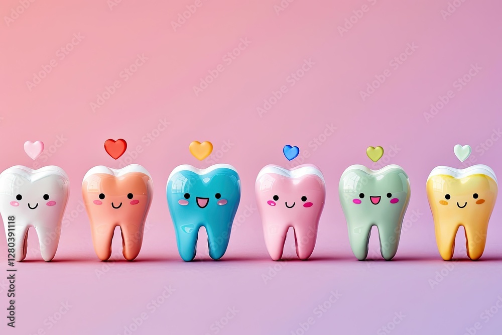 Obraz premium Colorful tooth characters with cheerful expressions line up against a pastel background, inviting patients to enjoy their dental experience