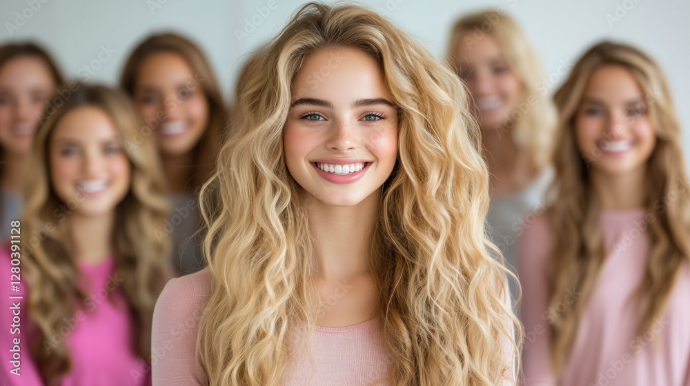 group of young women with long, flowing hair pose together, exuding joy and camaraderie. They stand in a bright, modern indoor space, sharing smiles and laughter with each other group of young women with long, flowing hair pose together, exuding joy and camaraderie. They stand in a bright, modern indoor space, sharing smiles and laughter with each other