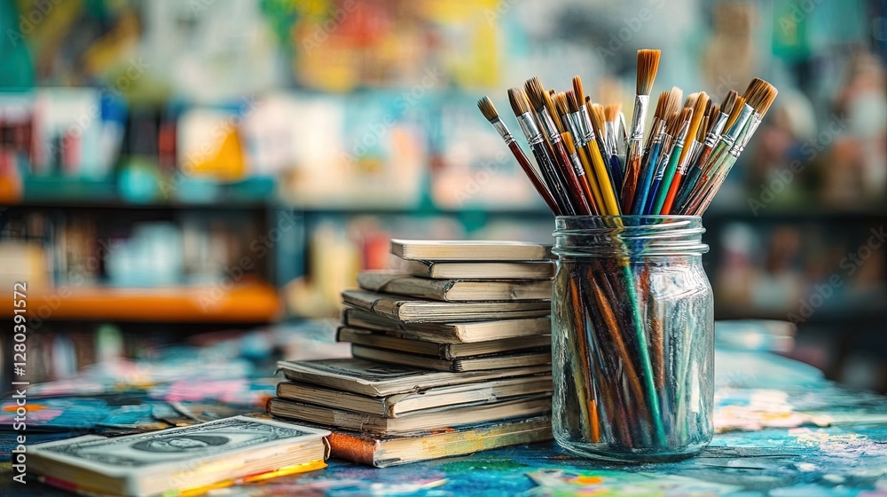 Obraz premium Financial success in hobby ventures with stacks of money and creative supplies as background 