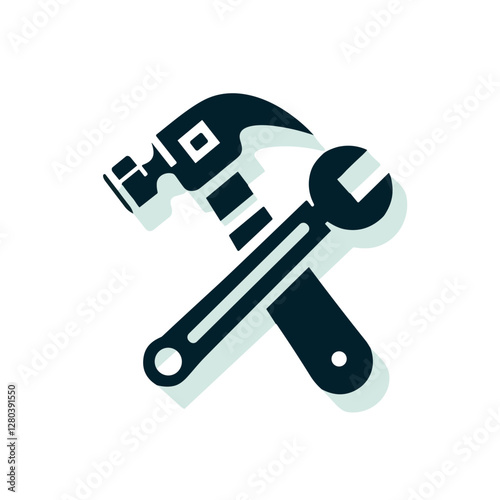 Wrench and hammer crossed icon in black and white style.