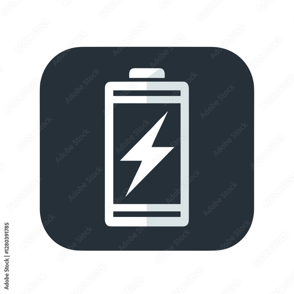 Battery icon with lightning bolt in black square background. Battery icon with lightning bolt in black square background.
