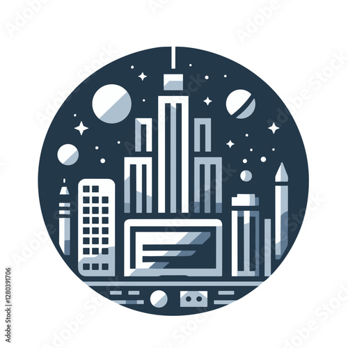  Futuristic cityscape with skyscrapers and planets.