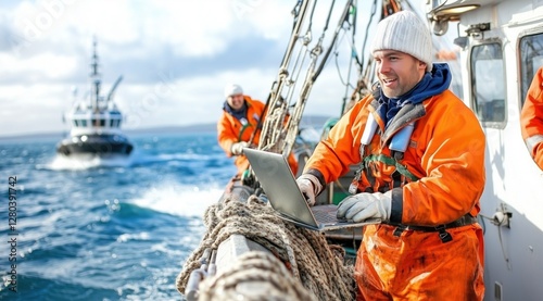 Two fishermen wearing bright orange waterproof gear operate a boat in cold waters, using a laptop for navigation and communication under overcast skies
