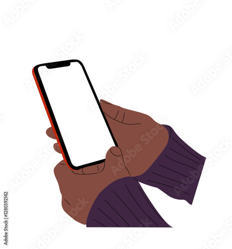 Black Hands holding mobile phone. Fingers touching, scrolling smartphone screen, using applications. Empty screen, phone mockup. Flat vector illustration isolated
