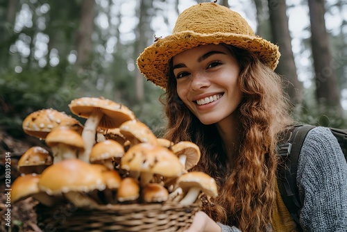 Woman holding basket of mushrooms in forest