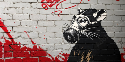 a black and white rat wearing a gas mask painted on a white brick wall with some red graffiti on the left side.
