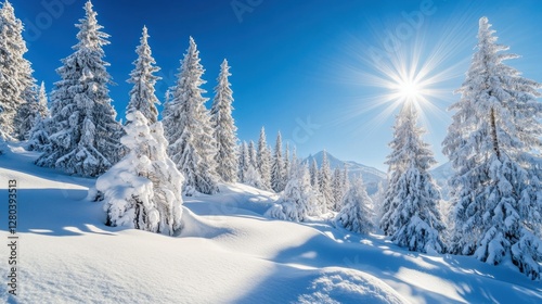A breathtaking winter landscape with snow-laden trees under a clear, sunny sky
