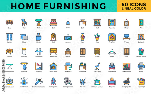 Home Furnishing icons set with sofa, chair, table, bed, lamp, desk, shelf, wardrobe, mirror, rug icon. Simple lineal color vector 
