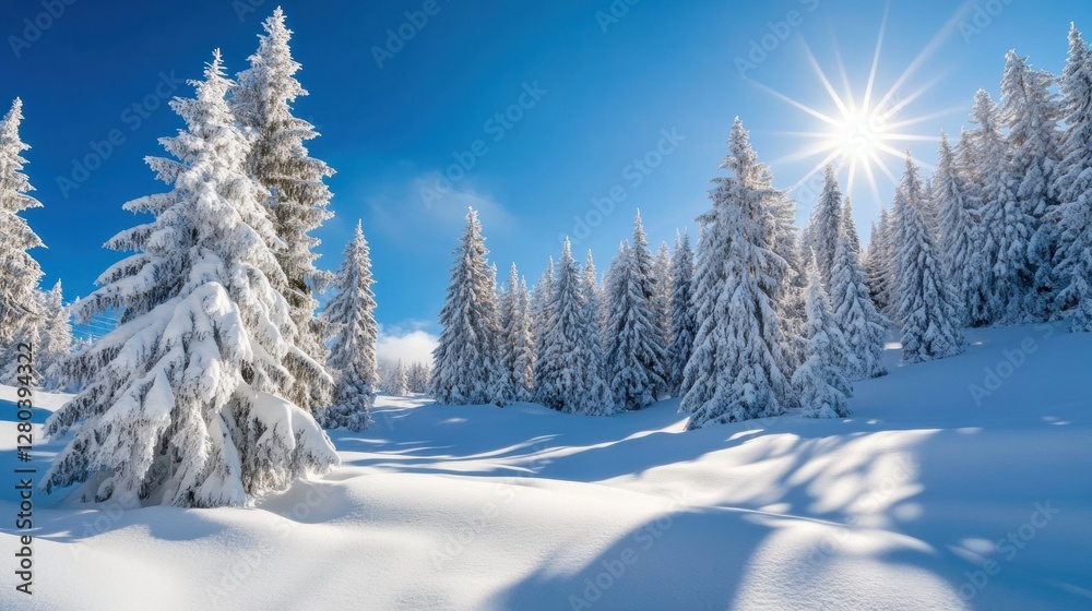 Naklejka premium A breathtaking winter landscape with snow-laden trees under a clear, sunny sky