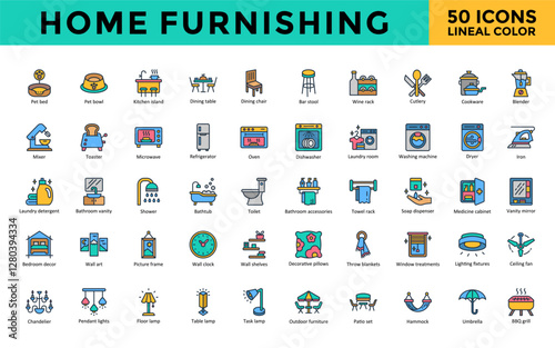 Home Furnishing icons set with pet bed, pet bowl, kitchen island, dining table, dining chair, bar stool, wine rack, cutlery, cookware, blender icon. Simple lineal color vector 

