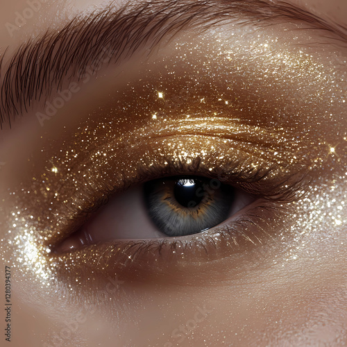 Shimmering golden eye makeup with sparkling glitter during a beauty session photo