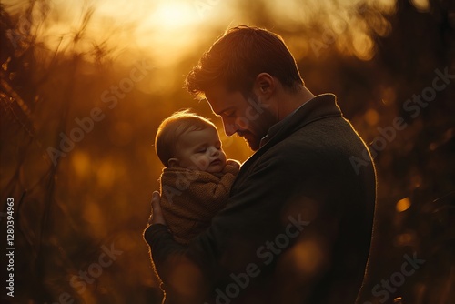 the concept of paternal love and care, Warm embrace between father and newborn amidst the golden glow of sunset in a tranquil outdoor setting, newborn, baby, care, family, father